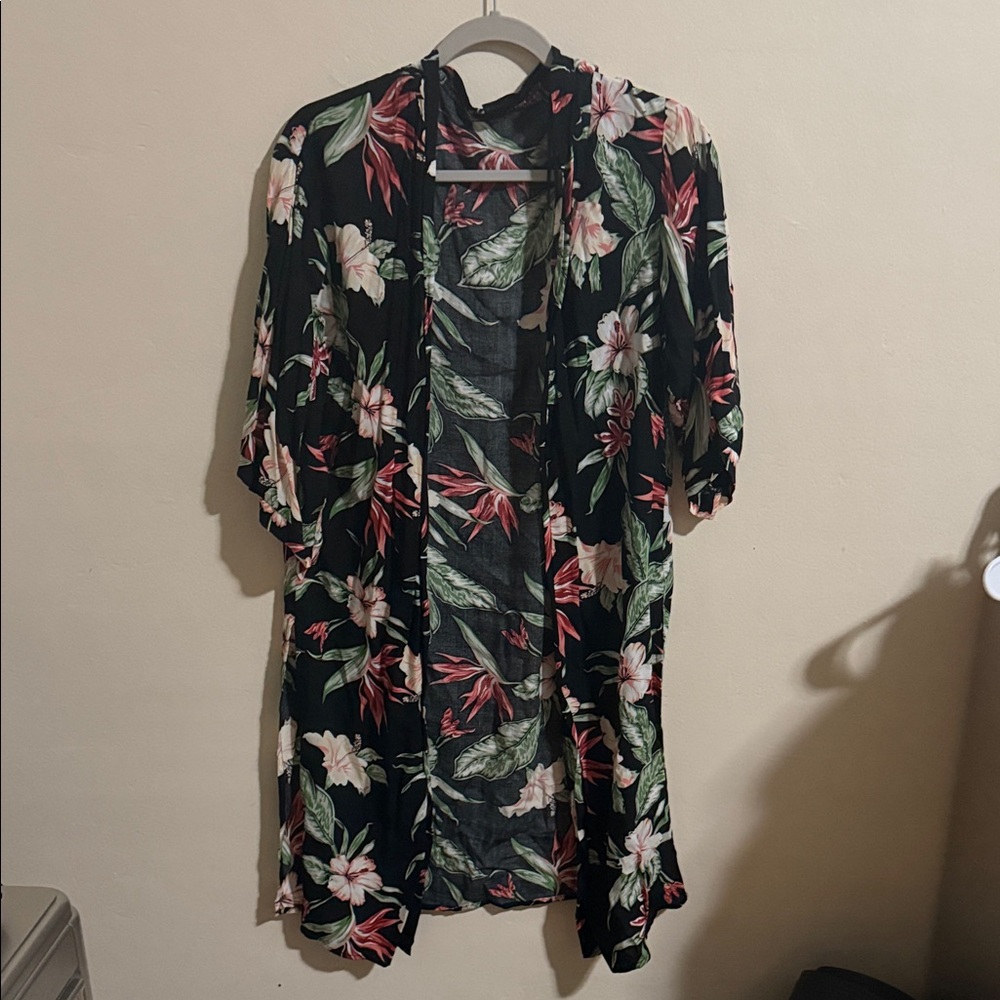 Streetwear Society Black Floral Kimono Cardigan with Green and Pink Accents